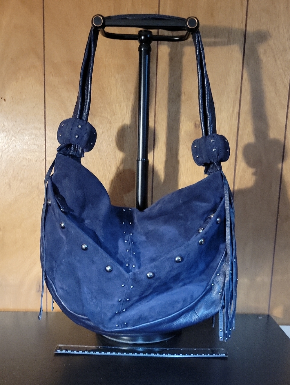 Queen Collection Stud-Accent Navy Suede  and Leather Hobo Shoulder Bag